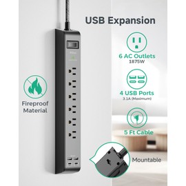 2 Pack Surge Protector Power Strip with 6 Outlets 4 USB Ports 5-Foot Long Heavy-Duty Braided Extension Cords Flat Plug 900 Joules 15A Circuit Breaker Wall Mount for Home Office ETL Listed