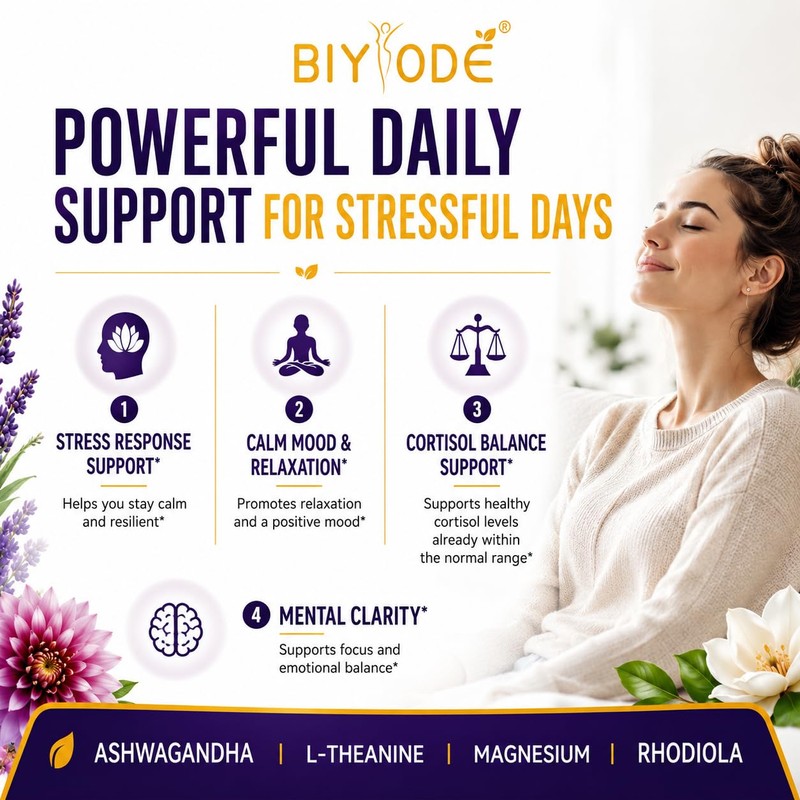 BIYODE Cortisol Support Complex Ashwagandha L Theanine Magnesium Rhodiola Lemon
