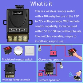 idealWIN Wireless Remote Switch with 328 ft Long Range,DC 12V/24V/48V/72V Current Rating 30A,12v Remote Control Switch for All Kinds of DC Motors,Luminaire Controll etc
