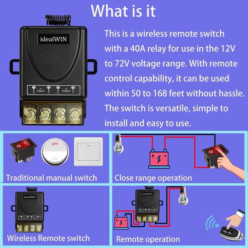 idealWIN Wireless Remote Switch with 328 ft Long Range,DC 12V/24V/48V/72V