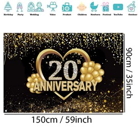Happy 20th Anniversary Banner Background Decorations, Wedding Anniversary 20th Happy Anniversary Party Poster Accessories Fabric Sign Poster, Black Gold Anniversary Decor, 1.5m
