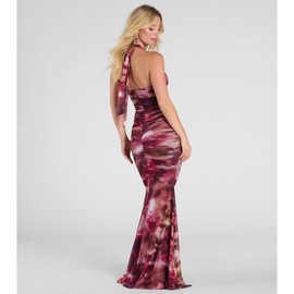 Kelsey Halter Printed Mermaid Formal Dress - Color: PLUM, Size: S