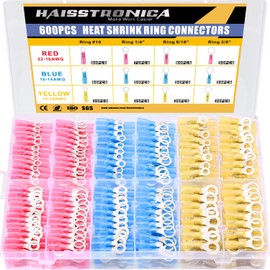 haisstronica 600PCS Heat Shrink Ring Connectors,AWG 22-10 Marine Grade Heat Shrink Wire Connectors Tinned Red Copper #10,1/4",5/16",3/8" Ring Terminals(3Colors/4Sizes)