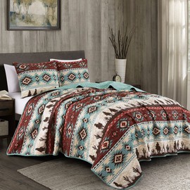 Chezmoi Collection Dune 3-Piece Southwestern Cowboys Aztec Quilt Set - Multicolor Teal Brown Beige Tan Red Printed Microfiber Bedspread Set, Full (90" x 95")