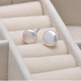 14-15 MM Freshwater Cultured Button Pearl Studs Earrings for Women, Sterling Silver Post Backing