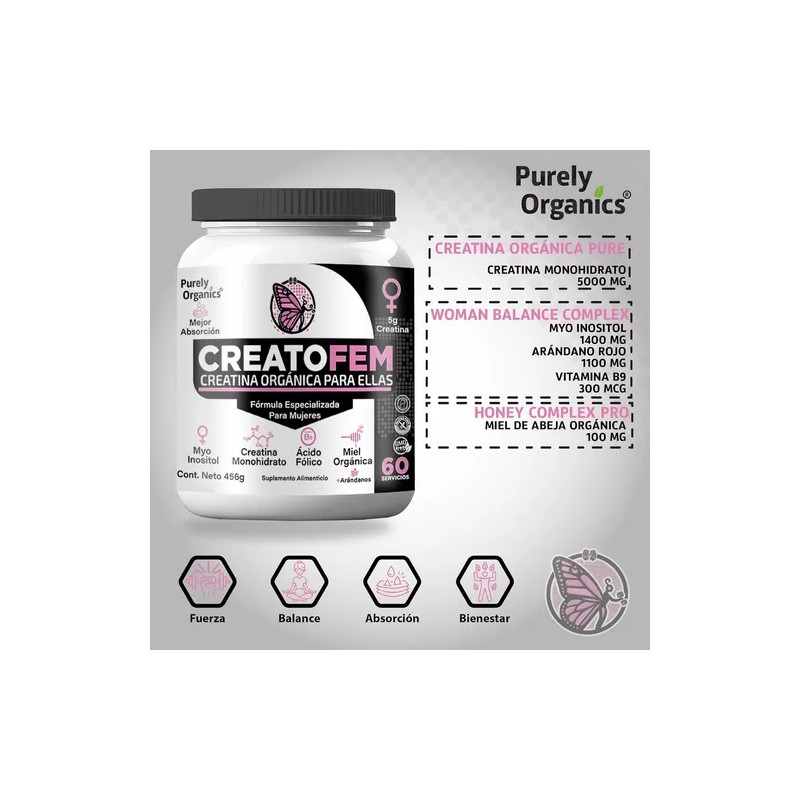 CreatoFem Creatina Orgánica Para Mujeres 60 Servicios. Sabor Arandano-miel. Purely