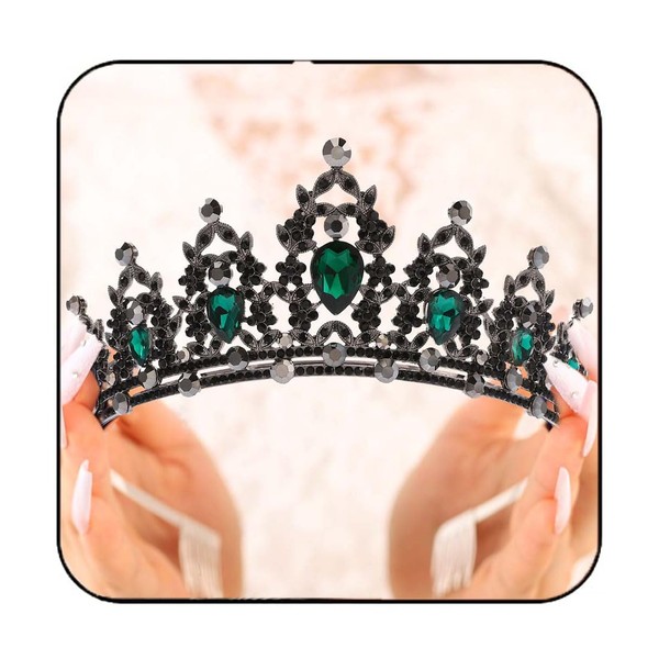 Kilshye Crystal Wedding Tiaras and Crowns Rhinestone Queen Crown Bridal Headband Costume Prom Hair Accessories for Women and Girls (Black-Green)