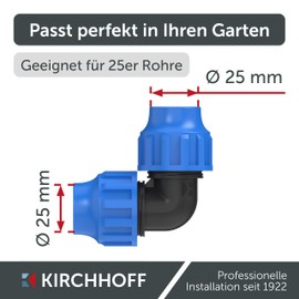 Kirchhoff Fitting Connection Angle 90° | Plastic | 25 x 25 mm | for HDPE Pipe | Various Sizes | DVGW Tested | Drinking Water Quality | Made in EU, Black, 25 mm