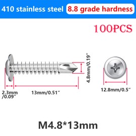 Qrity Self Tapping Screws M4.8 x 13 mm, Drill Tail Self Drilling Screws, Stainless Steel Screws, Round Head Phillips Self Drilling Screws, 100 PCS