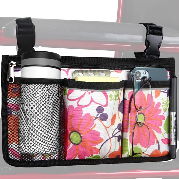Update Flower Color Wheelchair Bag Side Organizer Storage Armrest Pouch with Cup Holder and Reflective Stripe Use Waterproof Fabric, for Most Wheelchairs, Walkers or Rollators (Pink Floral)