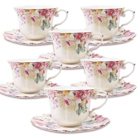TATSUMI Country Roses 18 Peices Bone China Tea Cup And Saucer Set, English Vintage Tea Cups Of 6 For Women And Tea Party Sets(Pink,6 sets)
