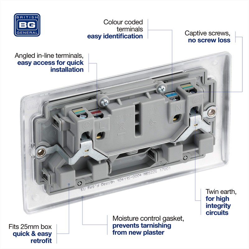 BG Electrical NBS22G-01 Double Switched Power Socket, Brushed Steel, 13