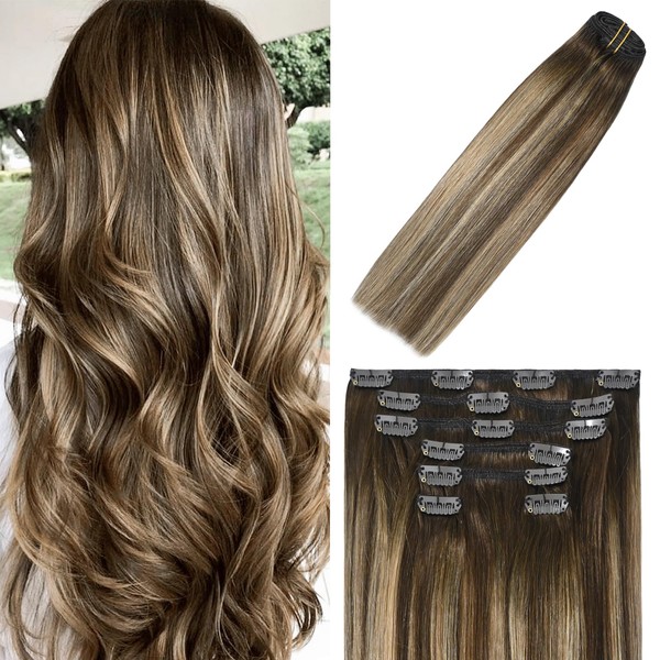 WindTouch Clip In Hair Extensions Human Hair Balayage Chocolate Brown To Dark Blonde Ombre Highlights for Brown Hair 18Inch 70g #4T27P4 7PCS