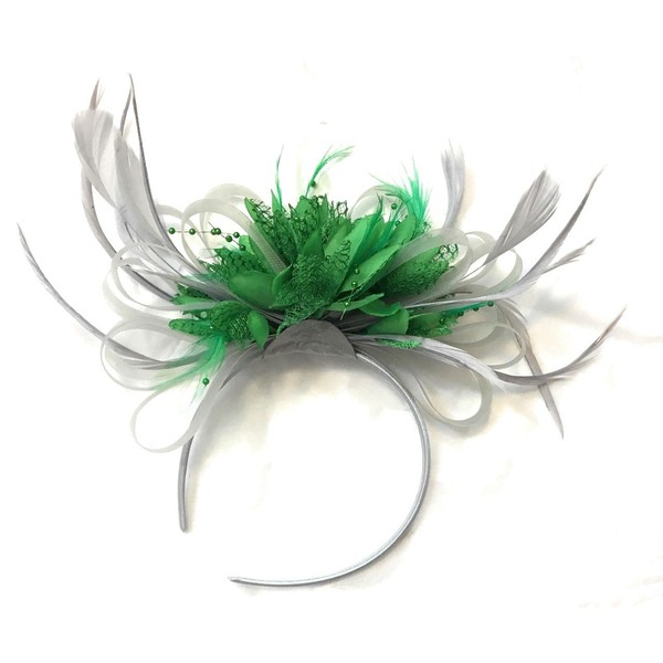 Caprilite Fashion Silver Grey and Grass Green Net Hoop Feather Hair Fascinator Headband Wedding Royal Ascot Races