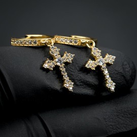 Mens Women's Lightweight 14K Yellow Gold Plated 925 Sterling Silver Skinny Small Drop Dainty Dangle Hanging Dagger Cross Hoop Thin 5A Cz Cubic Zirconia Huggie Hoops Earrings Jewelry Gift For Men