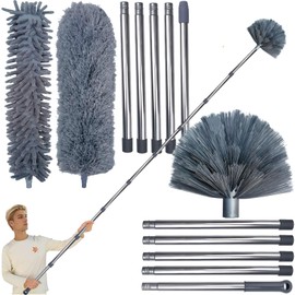 20+ Feet High Reach Duster Kit with 3-14 ft Extension Pole for Cleaning Fan, Spider Web, High Ceiling, Blinds, Furniture, Cars - Cobweb Microfiber Duster // Outdoor & Indoor Extendable Duster