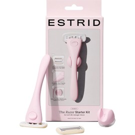 Estrid Razor Starter Set, Women's Razor Set with 5-Blade System, Vegan Moisture Strips, 2 Replacement Small, Wall Mount (Bloom)