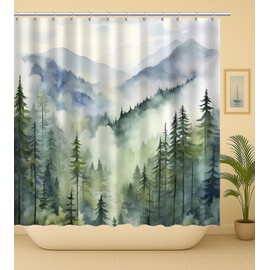Coveted Goods Mountain Forest Shower Curtain 72” x 72”, Waterproof Polyester, Misty Pine Tree Landscape, Includes Grommets and Hooks, Machine Washable Nature-Inspired Bathroom Decor