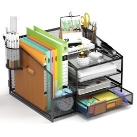 Desk Organizer with File Holder, 4-Tier Paper Letter Tray with Drawer and 2 Pen Holder: Home/ School Mesh Desktop Accessories Workspace Document File Organizion Storage for Office Supplies/ Study Room