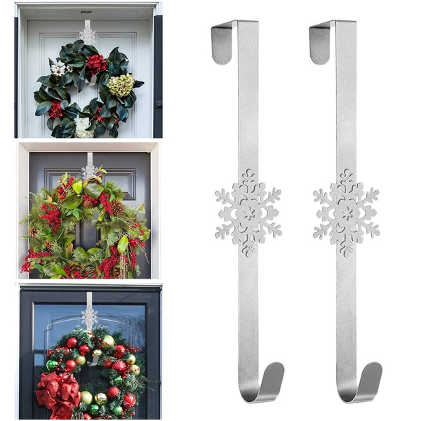 2Pcs Christmas Snowflake Wreath Door Hanger, 15in Metal Wreath Reef Door Hanger Hook Snowflake Decor Hook for Xmas Party Decor Door Wall Home Office (Silver)