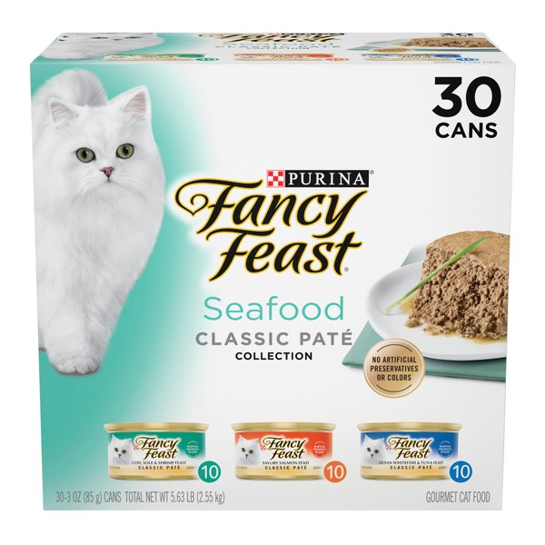 Purina Fancy Feast Seafood Classic Pate Collection Grain Free Wet Cat Food Variety Pack - (30) 3 oz. Cans