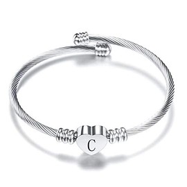 GMXLin Initial Letter C Cuff Bracelet Love Heart Stainless Steel Bracelet Alphabet Name Cuff Bangle Expandable Bracelets for Women Girls Mother Sister