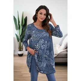 Enmain Long Sleeve Tunic Tops for Women UK Casual Longline Ladies Tunic Dress for Leggings Round Neck Swing Top for Festival Party Gym Work,Navy Blue,XL