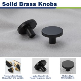 KOPPALIVE 10-Pack Matte Black Kitchen Cabinet Knobs, Solid Brass Knobs for Dresser Drawer, Round Minimalist Bathroom Cabinet Pulls, Modern Furniture Hardware, Diameter 1-3/16 Inch