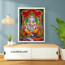 Color Decor Lord Ganesha Golden sequins batik Cotton Wall Hanging Tapestry Hindu God Ganeshji Hand Printed Poster Size 43"x30" Inches