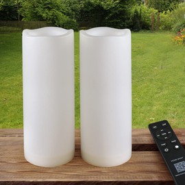 HOME MOST Pack of 2 White LED Candles Outdoor 3x8 - Unscented IP65 Waterproof Battery Powered Flameless Pillar With Remote and Timer - Flickering