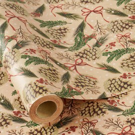 RUSPEPA Kraft Christmas Wrapping Paper Roll, Mini Roll, Pinecone and Greenery Design with Red Bow and Snowflake, Kraft Gift Wrap Paper for Christmas, Holiday, Winter Party, 17 Inches x 16.4 Feet