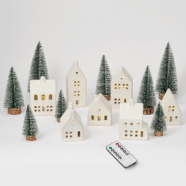 SOONOW Christmas Village Set - Ceramic Houses, Remote LED Tea Lights, Trees