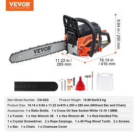VEVOR Gas Chainsaw, 25.4CC 12" 1.2HP, Gasoline Powered Chain Saw, Handheld Cordless Petrol Chainsaws for Tree Wood Branch Cutting, Tree Trimming, Land Clearing, Farm Garden Ranch Forest Cutting Use:_18 inch【Displacement: 52 cc】