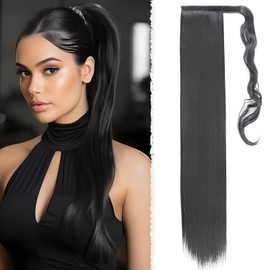 Benehair Long Straight Ponytail Hairpiece, Synthetic Hair Extensions, Braid Ponytail Extension, Hairpiece Braid, Jet Black Hair Extension for Women and Girls, Jet Black, 66 cm