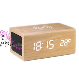 WOOD SHOW Alarm Clock Table Clock, Stylish, Speaker, With Thermometer, Smartphone Charging Function, Multifunctional Table Clock, Alarm Clock, Wireless Smartphone Charging, Wood Grain, Indelia Object,