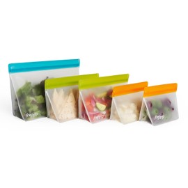 rezip - Paquete de 5 bolsas reutilizables de pie, sin BPA, grado alimenticio, a prueba de fugas, apto para congelador y lavaplatos, cuarto de galón (1), 2 tazas (2), snack (2) | Multicolor