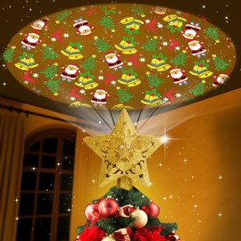 Ubrvhrt Star Christmas Tree Topper Lighted with Built-in Rotating LED Projector, Gold Glitter Starburst Tree Top Projection of 4 Dynamic Images for Christmas Tree Home Office Party Decor Ornament