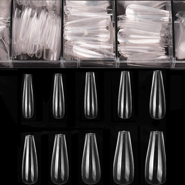 Coffin Nails Long Fake Nails - Clear Acrylic Nails Coffin Shaped Ballerina Nails Tips BTArtbox 500pcs Full Cover False Nail Artificial Nails with Case for Nail Salons and DIY Nail Art, 10 Sizes