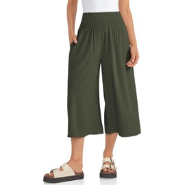 TARSE Green Capri Wide Leg Dressy Palazzo Pants Ladies Linen Pants Beach Palazzo Trousers Pants for Women Vacation Outfits Army Green L