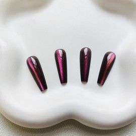 KKUUOO Purple Press on Nails Long,Cat Eye Fake Nails Coffin False Nails with Solid Color Design Glitter Acrylic Nails Glossy Artificial Nails Full Cover Stick on Nails Glue on Nails for Women 24Pcs