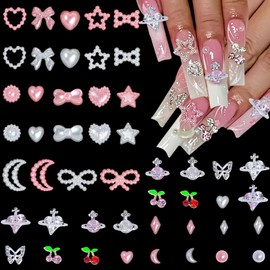 HNUIX 3D Nail Charms and Gems - Multi Shapes, Cherry, Moon, Heart, Butterfly, Star Bow Planet, Pink & White Pearls Flatback Rhinestones, for Nail Art