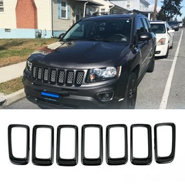 TOTMOX Compatible with Jeep Compass 2011-2016, Car Accessories Black Chrome Front Grille Vent Hole Frame Trim Grille Trim Molding Insert, Replace 68109865AA, Glossy Black, 7 PCS/Set