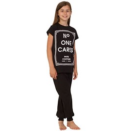 ThePyjamaFactory Girl's No One Cares Paris Couture Long Cotton Pyjamas Pjs 9 to 16 Years (15-16 Years) Black