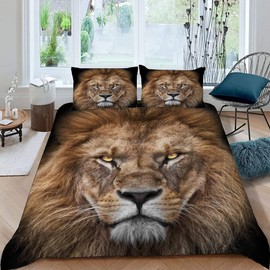 JIARAO Lion Children's Bedding Sets 135 x 200 cm 3D Print 2-Piece Bed Linen 100% Microfibre Soft with Zip Animal Print Summer Duvet Covers with 1 Pillowcase 80 x 80 cm