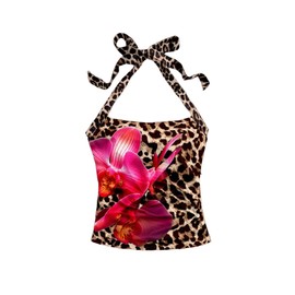 Milumia Women's Leopard Floral Tank Top Halter Neck Backless Sleeveless Party Tops Brown Small