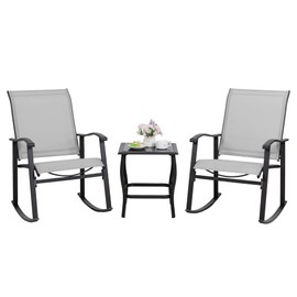 Shintenchi 3 Piece Rocking Bistro Set, Outdoor Furniture with Rocker Chairs and Glass Coffee Table Set of 3, Balcony, Porch Furniture for Small Space, Light Gray