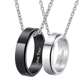 Lieson Couple's Necklace Stainless Steel with Ring Pendant, Partner Necklaces for Him and Her with Engraving Width 6 mm Ring Rotatable Silver Black, Stainless Steel