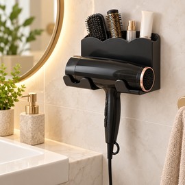 Wall-Mounted Hair Dryer Holder for Bathroom Storage – No-Drill Organizer with Accessory Compartments for Daily Styling