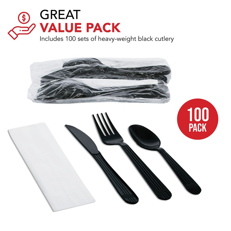 Party Essentials Individually Wrapped Black Plastic Cutlery Packets/Heavy Duty Silverware