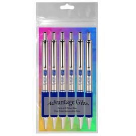 Zebra F-402 Ballpoint Stainless Steel Retractable Pen, Fine Point, 0.7mm, Blue Ink, 6-Count Bundle with Plastic Reusable Pouch